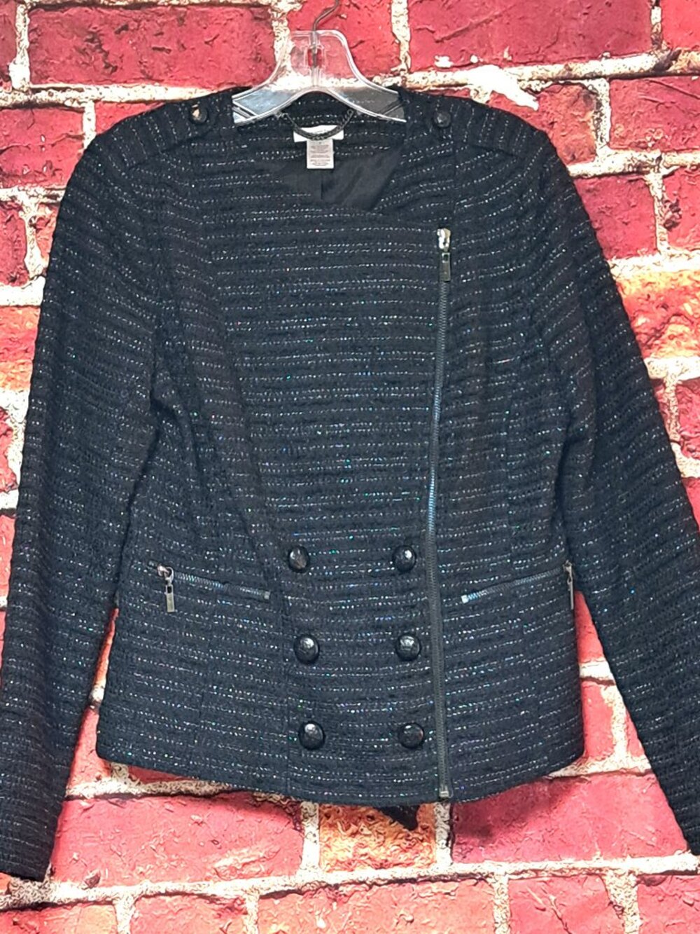 BLACK CACHE LADIES JACKET W ZIPPER BUTTON FRONT METALLIC THREAD SIZE 6
